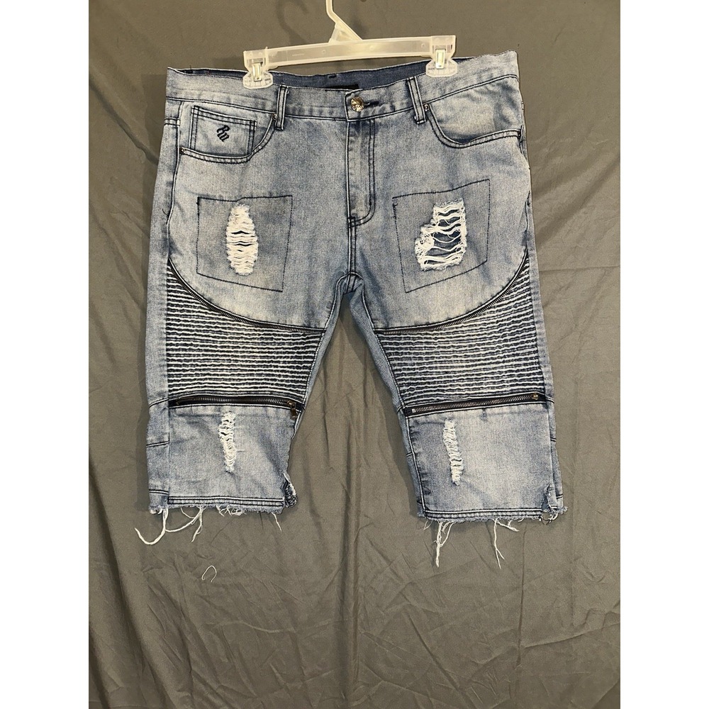 Rocawear Jorts W 38 Blue Jean Shorts Distressed Ripped Stitch Classic Fit VTG